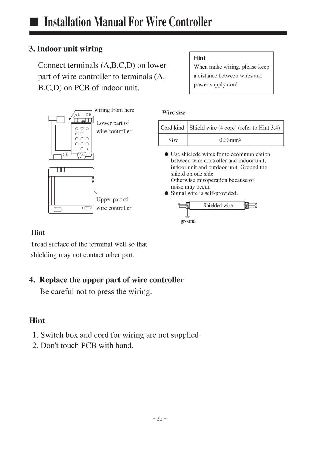 Haier HDU-42CF03/H installation manual Hint, Wire size 