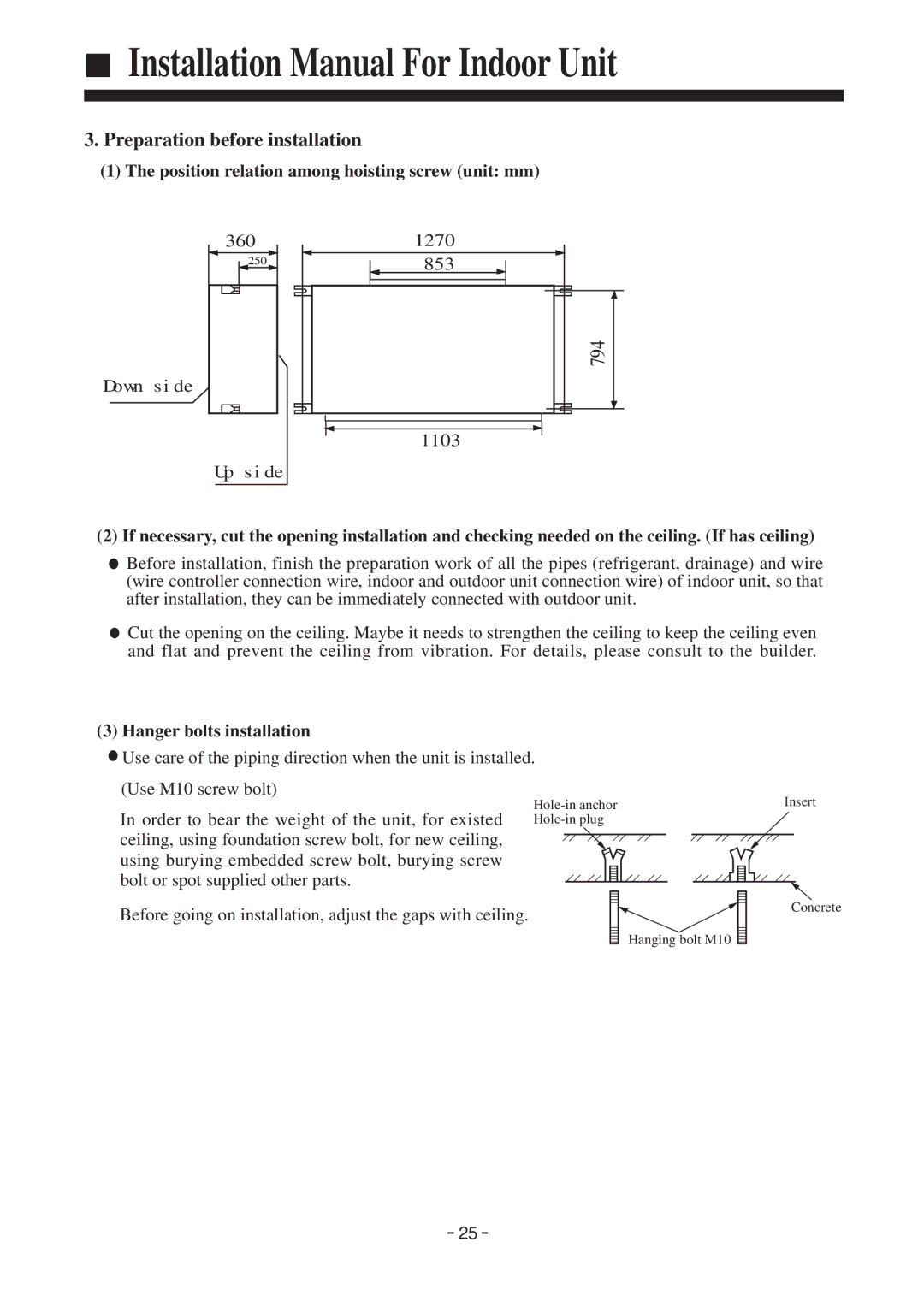 Haier HDU-42CF03/H installation manual Preparation before installation, Hanger bolts installation 