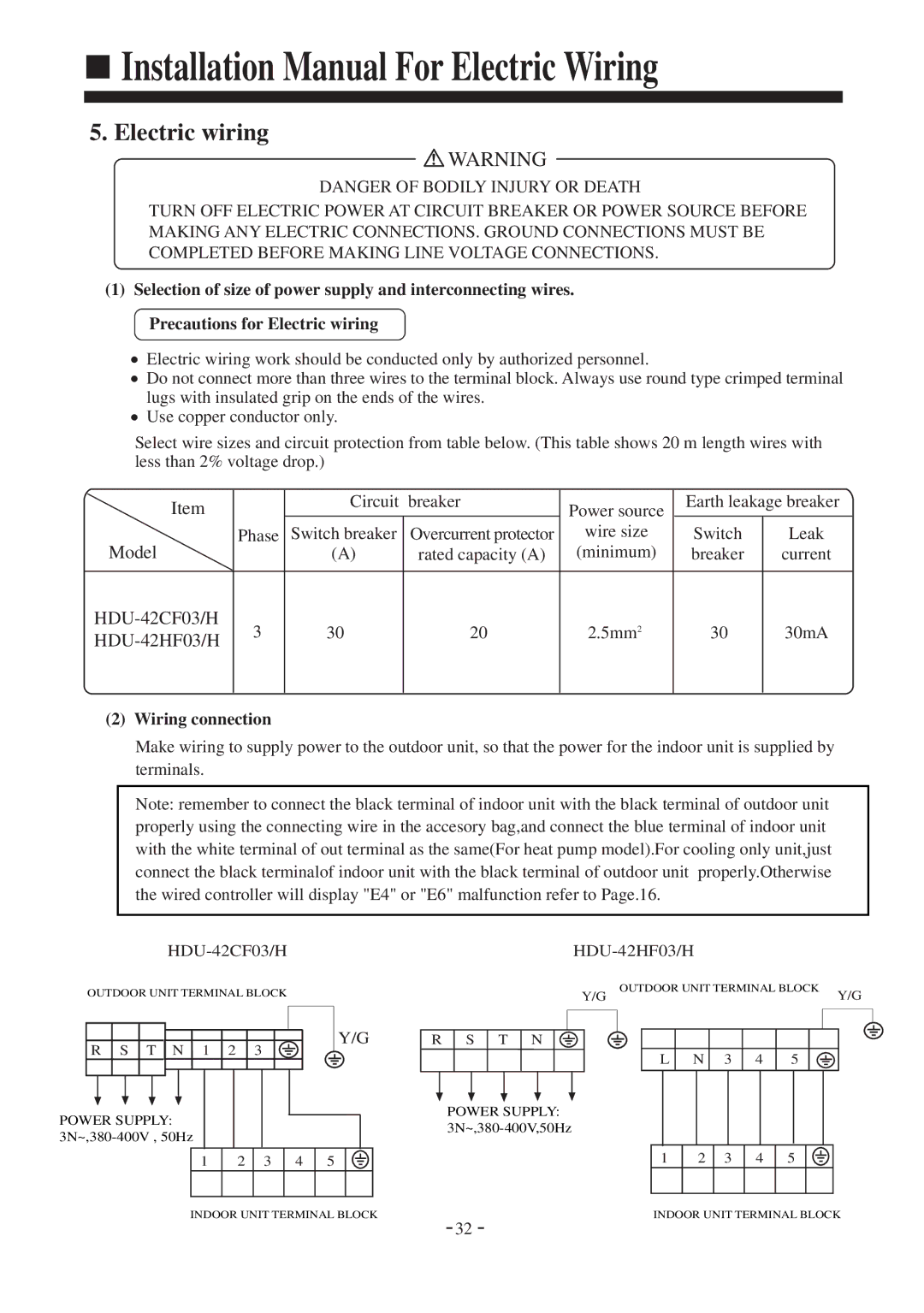 Haier HDU-42CF03/H installation manual Installation Manual For Electric Wiring, Wiring connection 