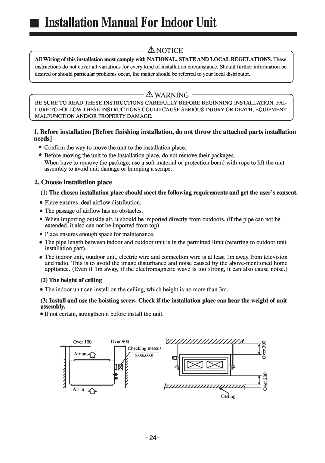 Haier HDU-42CF03/H installation manual Installation Manual For Indoor Unit, Choose installation place 