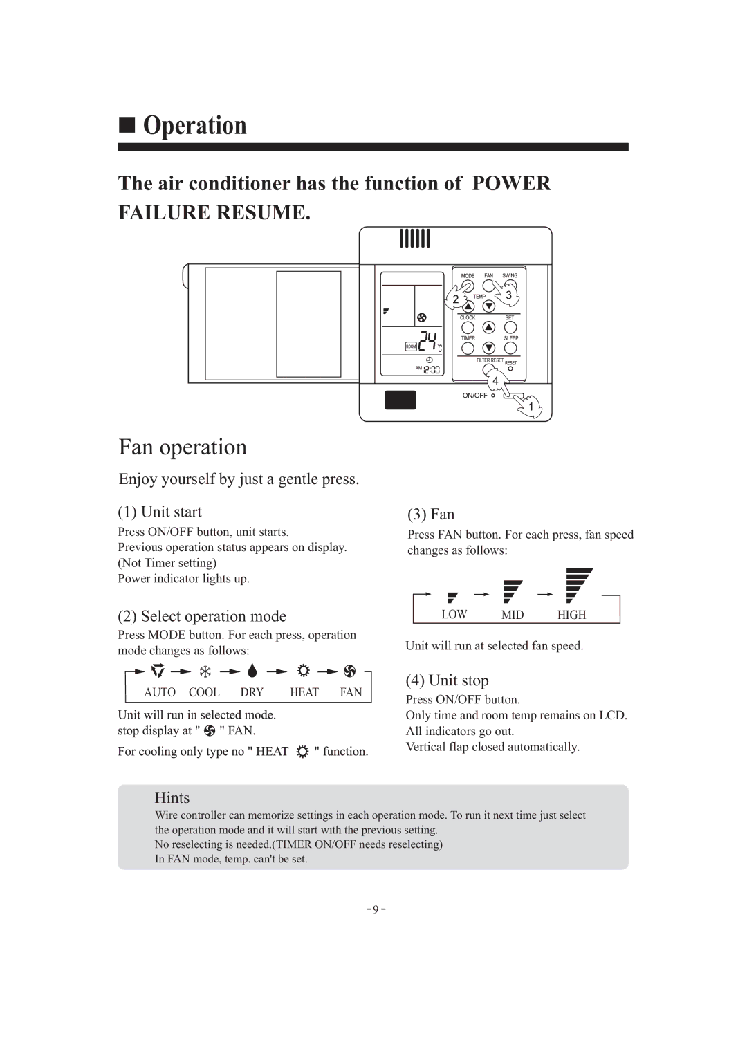 Haier HDU-42HF03/H installation manual Fan operation 