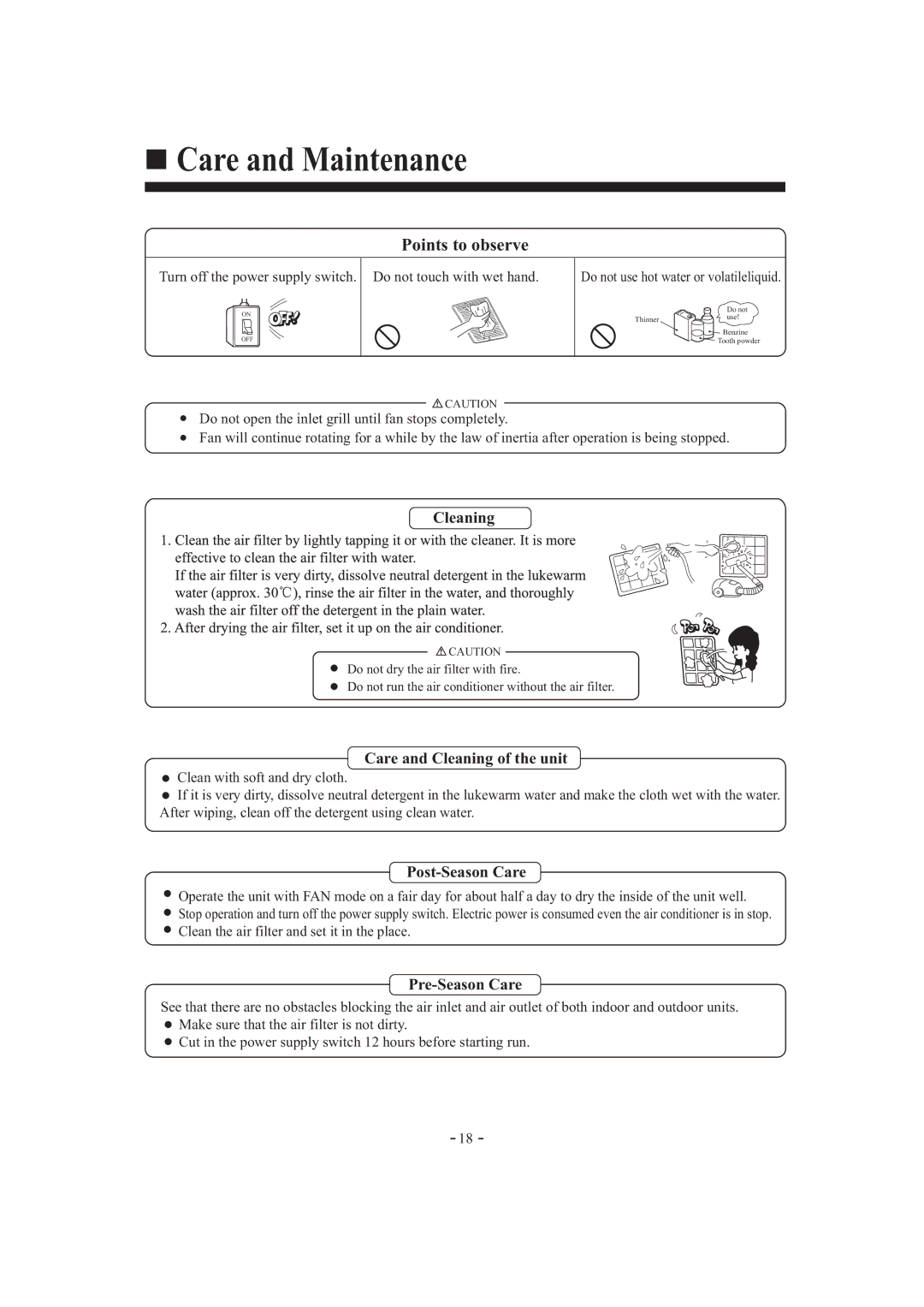 Haier HDU-42HF03/H installation manual Care and Maintenance, Points to observe 