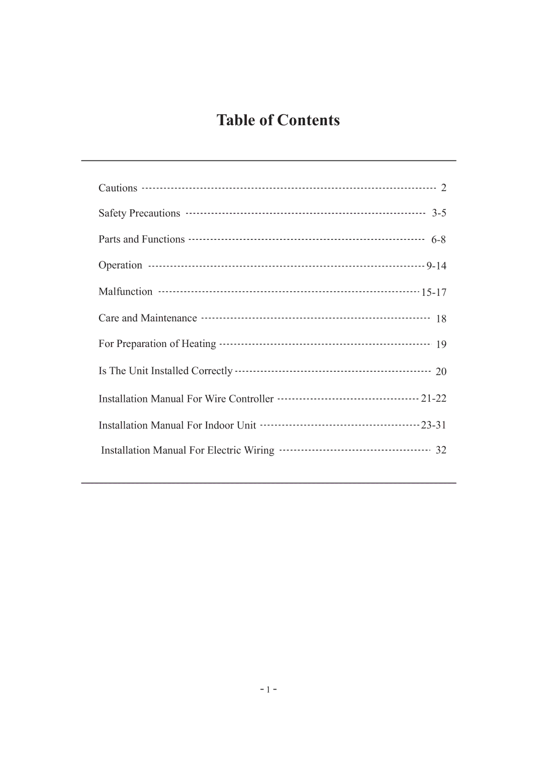 Haier HDU-42HF03/H installation manual Table of Contents 