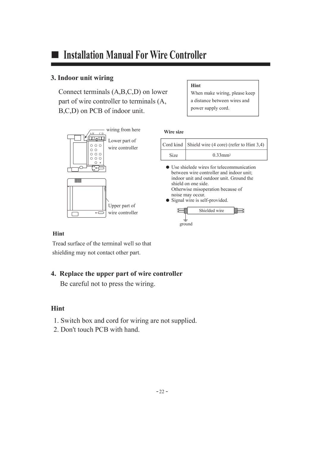 Haier HDU-42HF03/H installation manual Hint, Wire size 