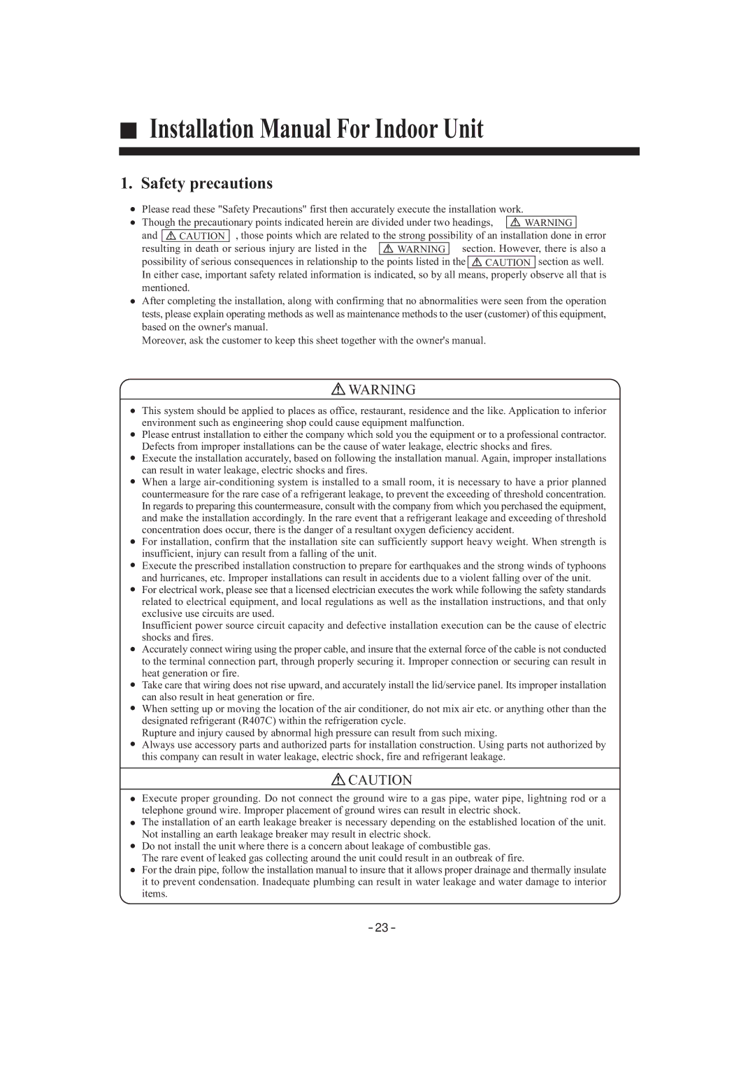 Haier HDU-42HF03/H installation manual Installation Manual For Indoor Unit, Safety precautions 