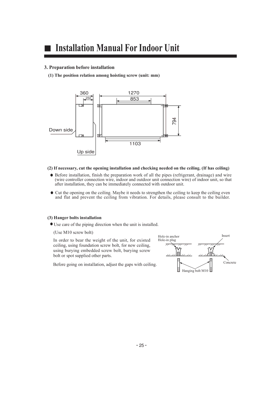 Haier HDU-42HF03/H installation manual Preparation before installation, Hanger bolts installation 