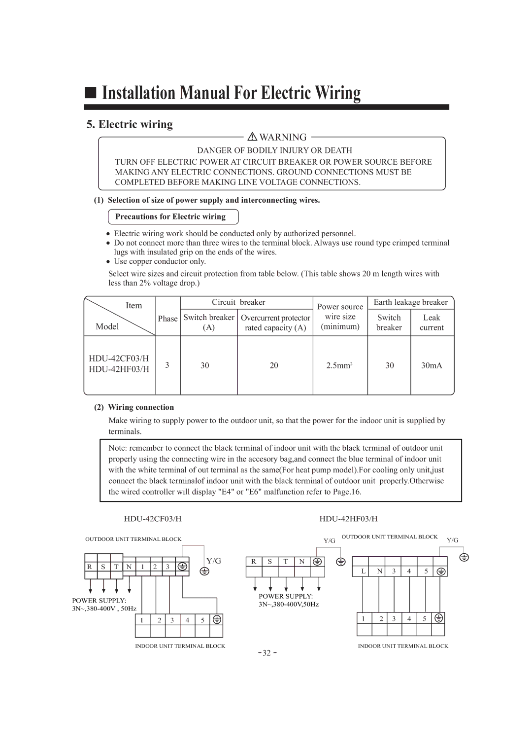 Haier HDU-42HF03/H installation manual Installation Manual For Electric Wiring, Wiring connection 