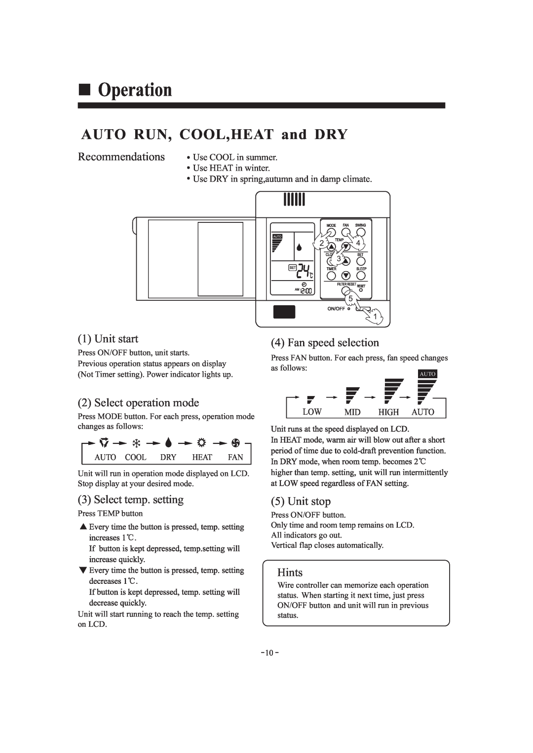 Haier HDU-42HF03/H AUTO RUN, COOL,HEAT and DRY, Recommendations, Fan speed selection, Select temp. setting, Unit stop 