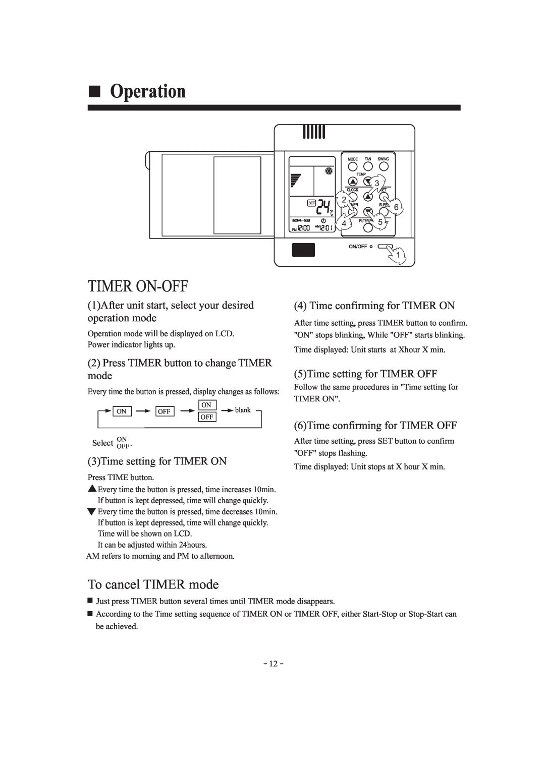 Haier HDU-42HF03/H Timer On-Off, 2Press TIMER button to change TIMER mode, 3Time setting for TIMER ON, Operation 