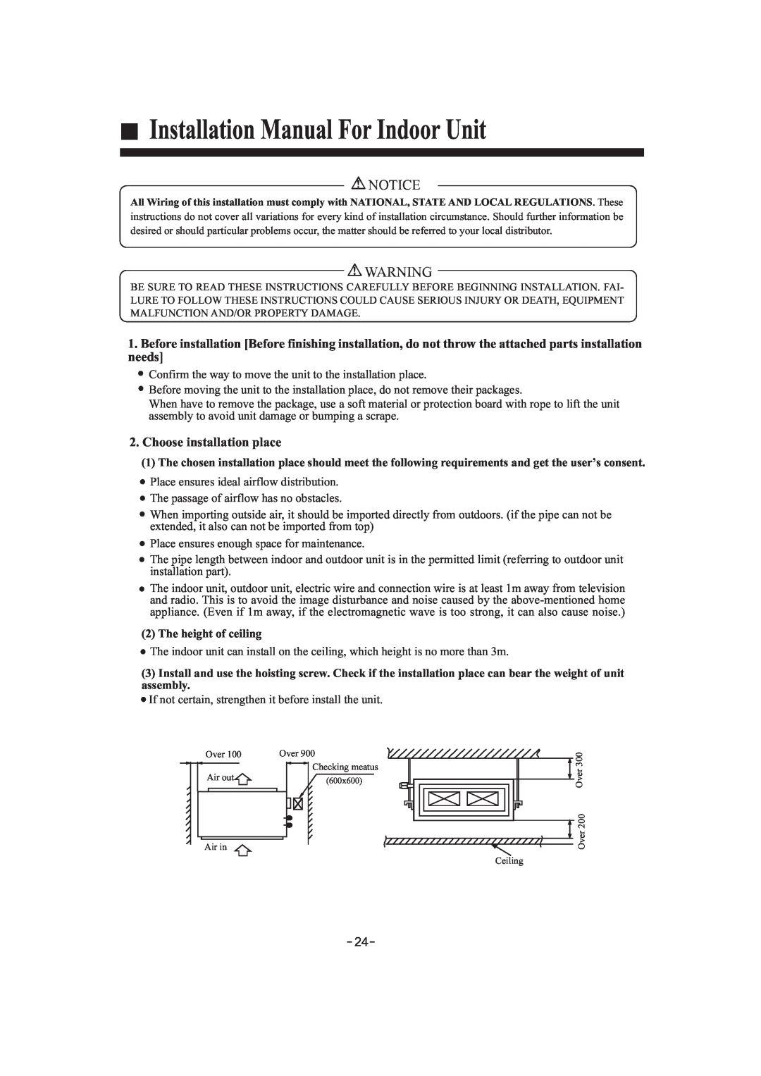 Haier HDU-42HF03/H installation manual Installation Manual For Indoor Unit, Choose installation place 