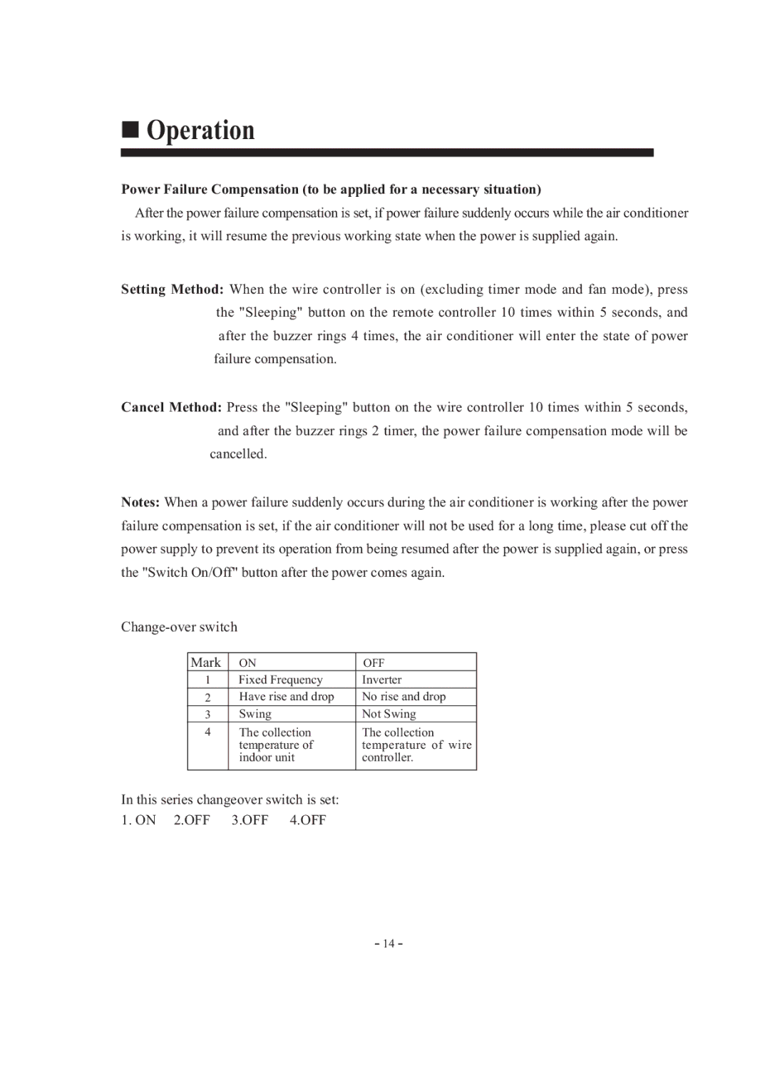 Haier HDU-42HT03/H installation manual This series changeover switch is set 1. on 2.OFF 3.OFF 4.OFF 