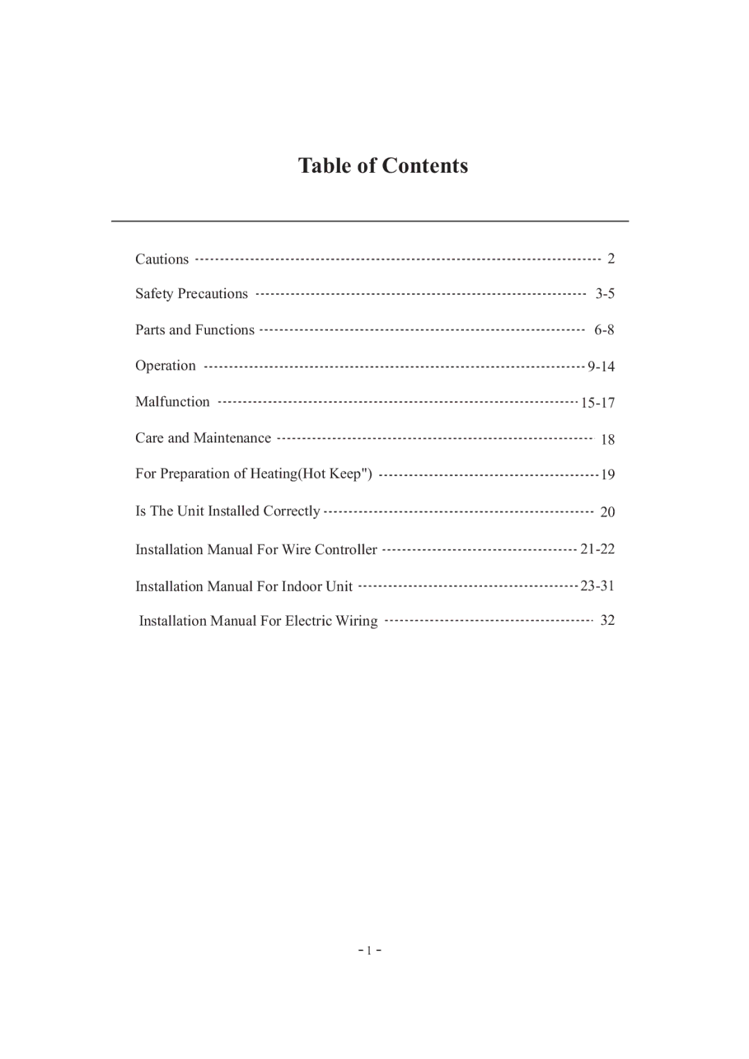 Haier HDU-42HT03/H installation manual Table of Contents 