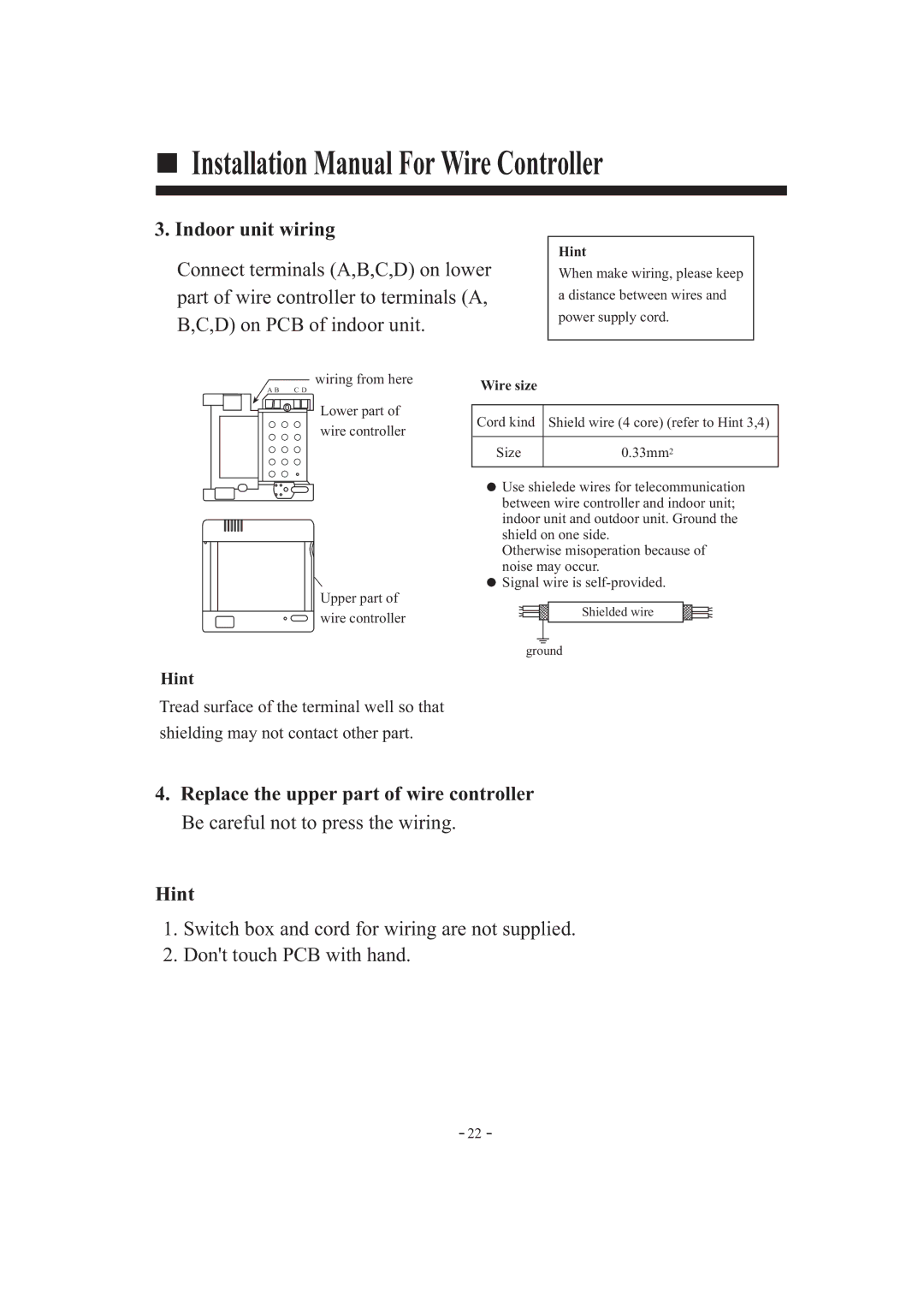 Haier HDU-42HT03/H installation manual Hint, Wire size, Shielded wire Ground 