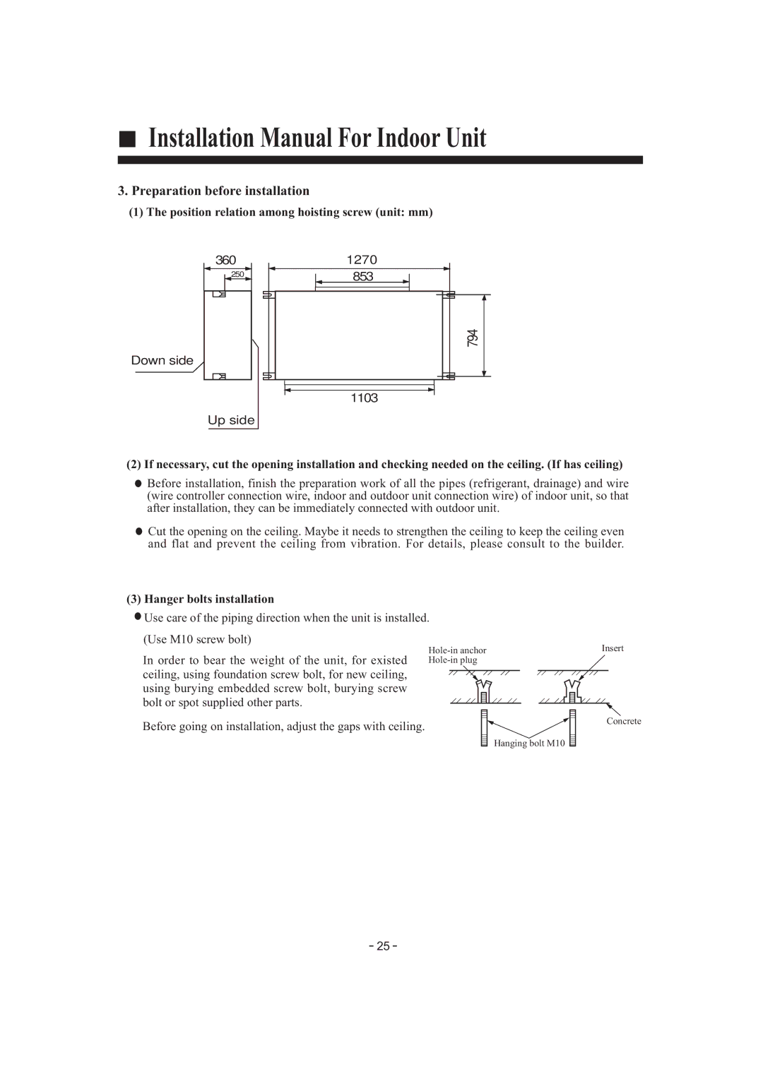 Haier HDU-42HT03/H installation manual Preparation before installation, Hanger bolts installation 