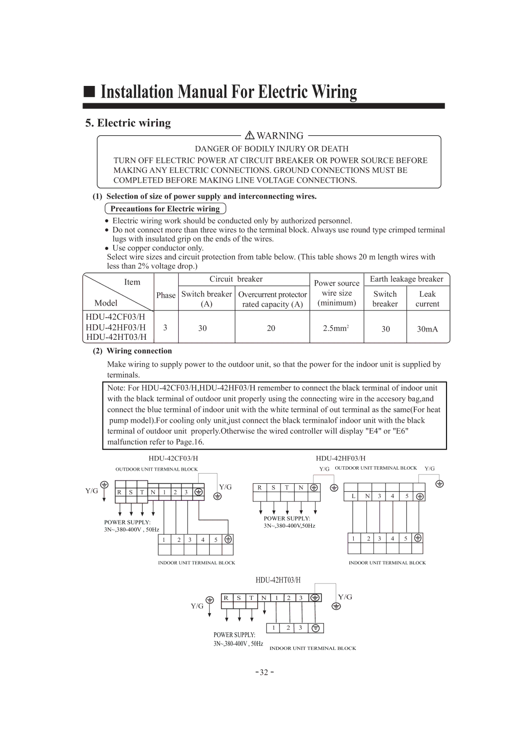 Haier HDU-42HT03/H Installation Manual For Electric Wiring, Wiring connection, Breaker Current, HDU-42CF03/H, HDU-42HF03/H 