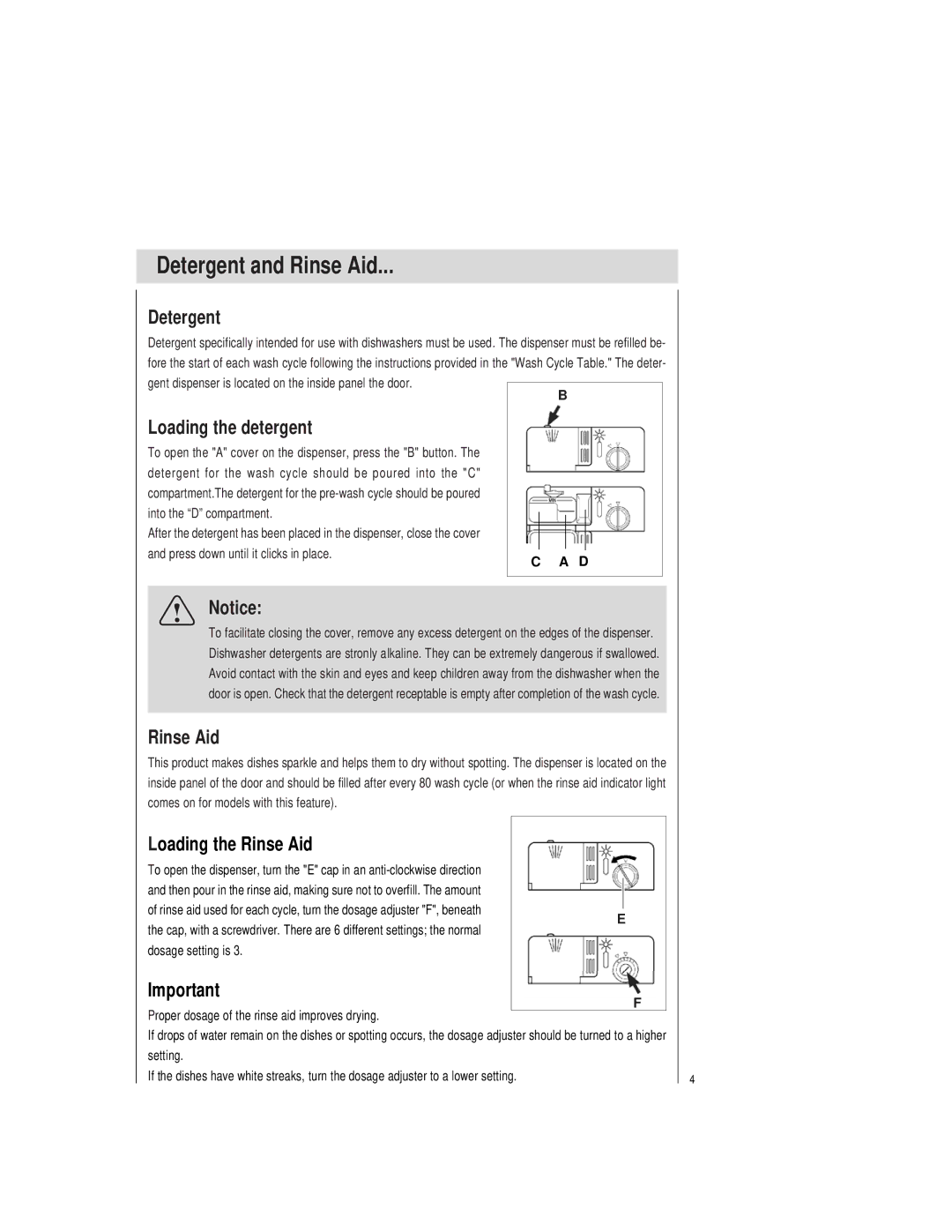 Haier HDW100WCT, HDW100SCT manual Detergent and Rinse Aid, Loading the detergent, Loading the Rinse Aid 