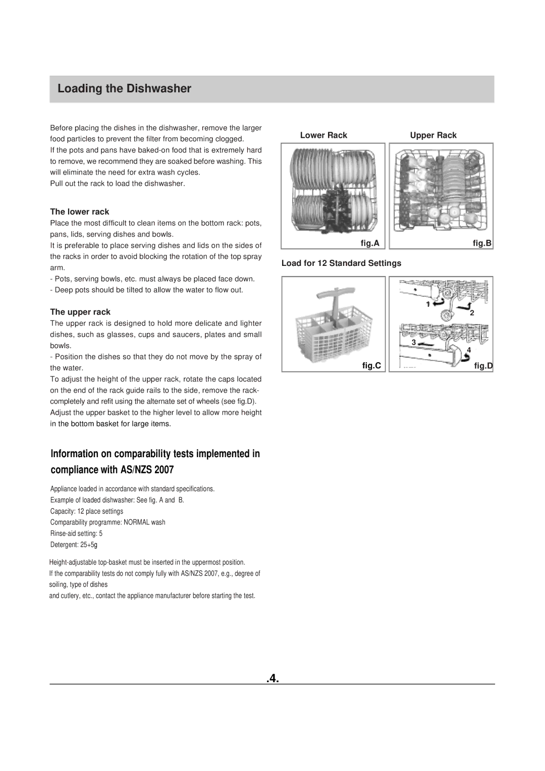 Haier HDW100WHT manual Loading the Dishwasher, Lower rack, Upper rack, Lower Rack Upper Rack, Load for 12 Standard Settings 