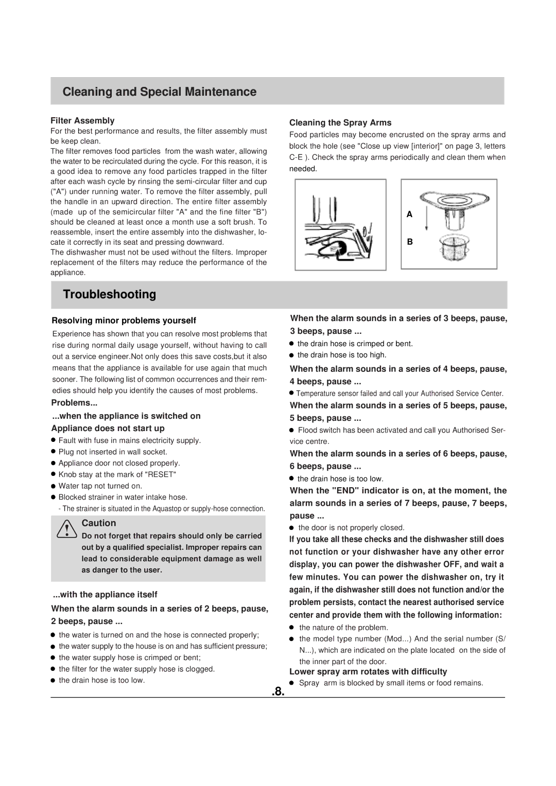 Haier HDW100WHT, HDW100SST manual Cleaning and Special Maintenance, Filter Assembly, Cleaning the Spray Arms 