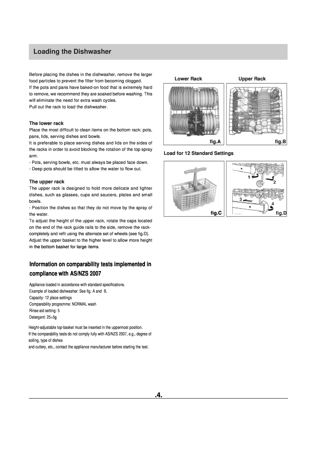 Haier HDW100WHT Loading the Dishwasher, fig.C, compliance with AS/NZS, Information on comparability tests implemented in 