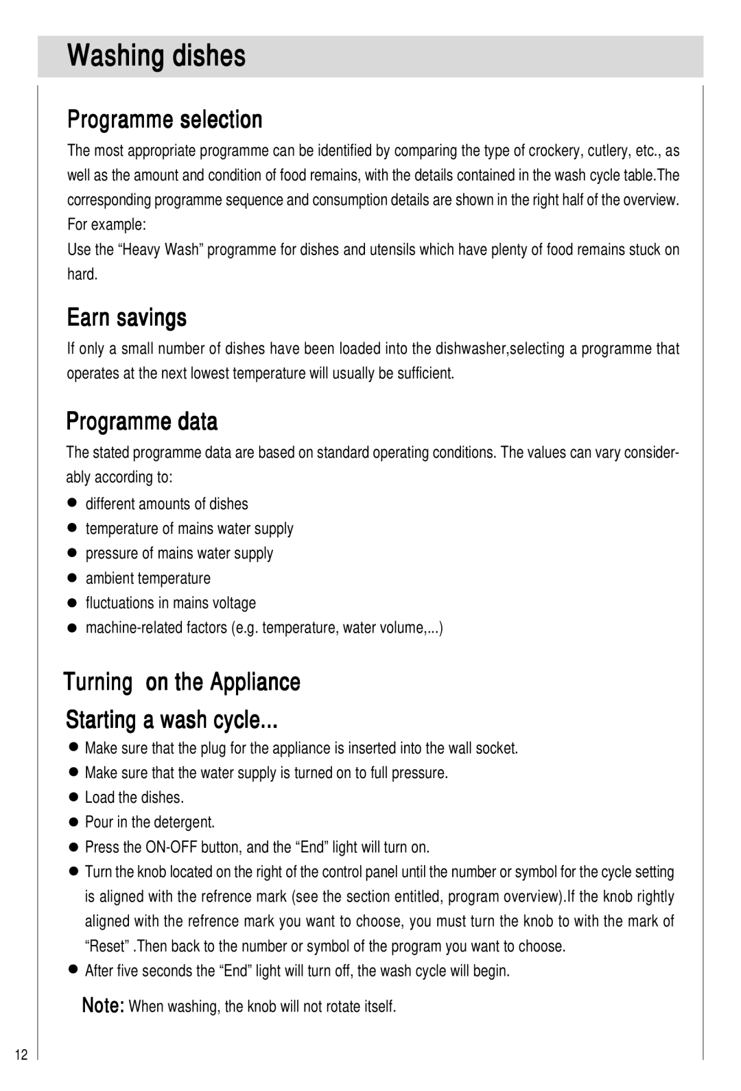 Haier HDW101SST, HDW101WHT manual Washing dishes, Programme selection, Earn savings, Programme data 