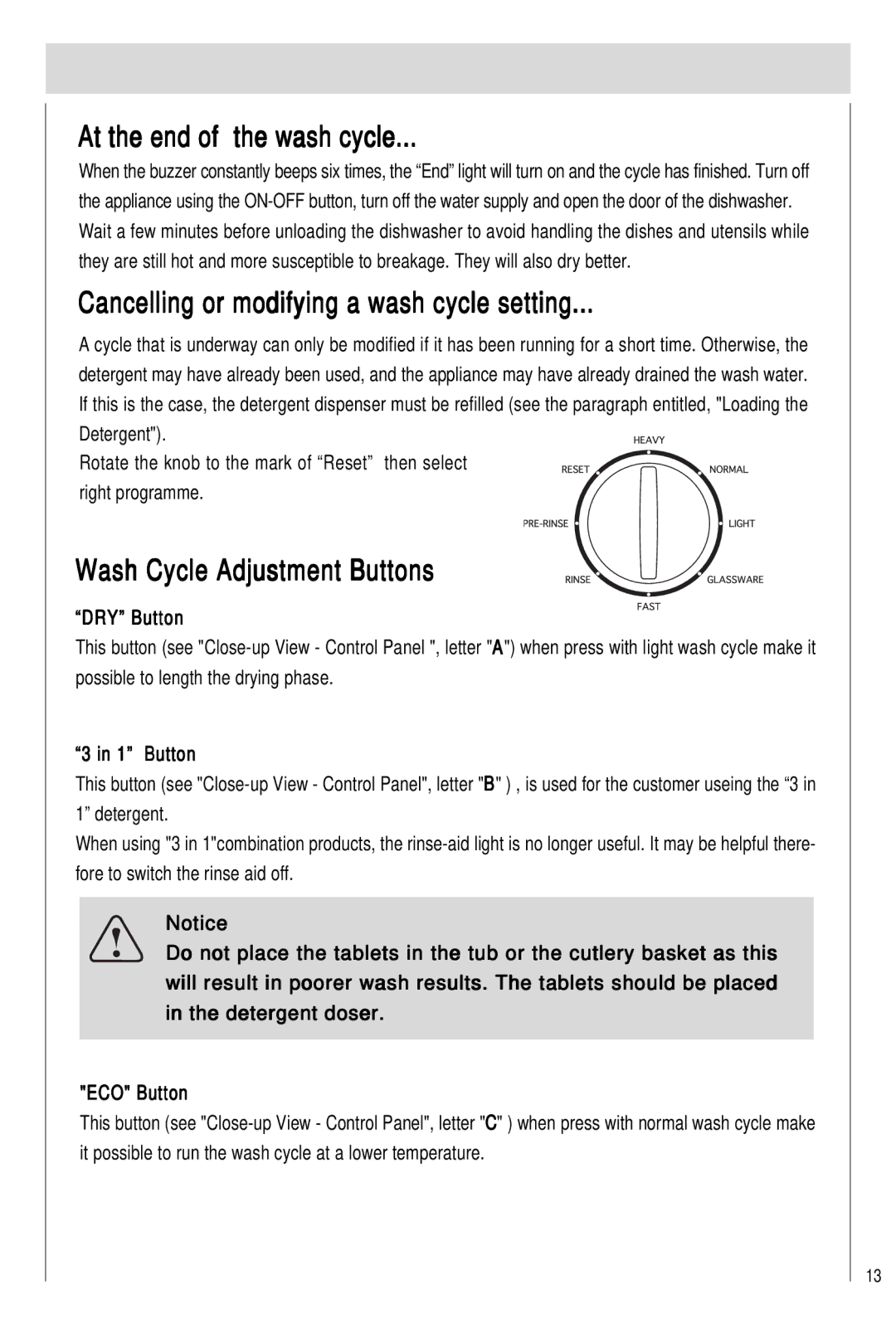 Haier HDW101WHT At the end of the wash cycle, Cancelling or modifying a wash cycle setting, Wash Cycle Adjustment Buttons 