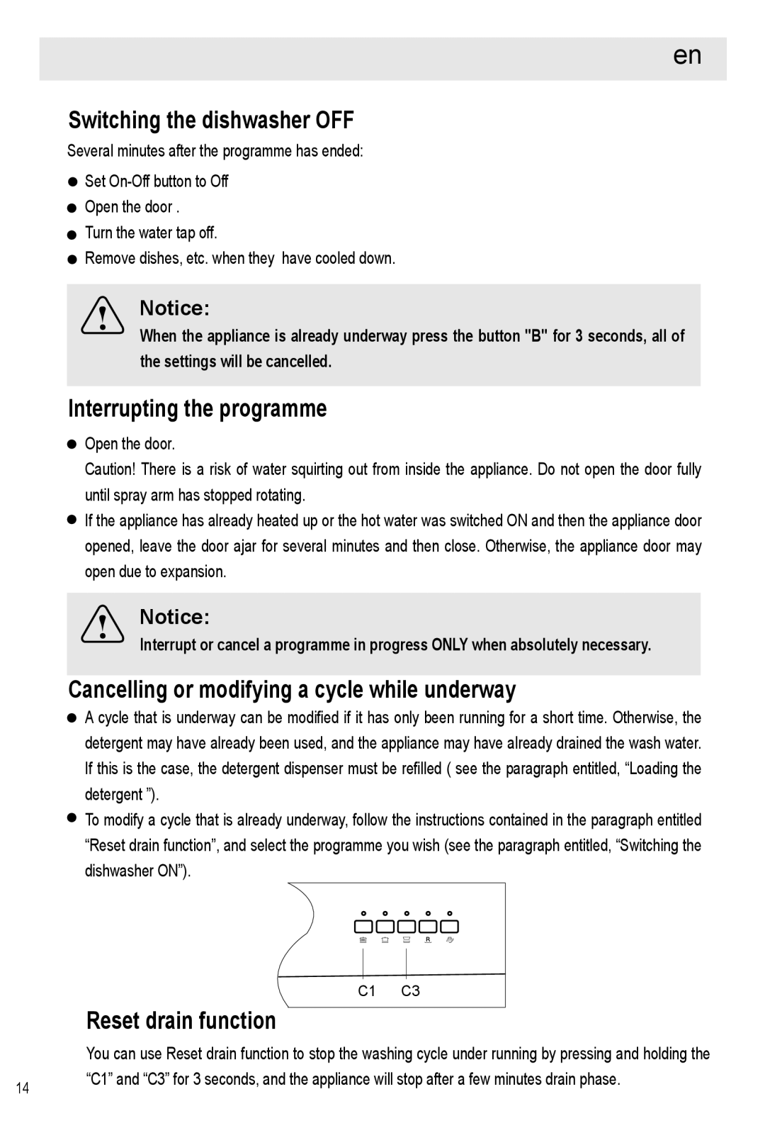 Haier HDW12-SFE1 Switching the dishwasher OFF, Interrupting the programme, Cancelling or modifying a cycle while underway 