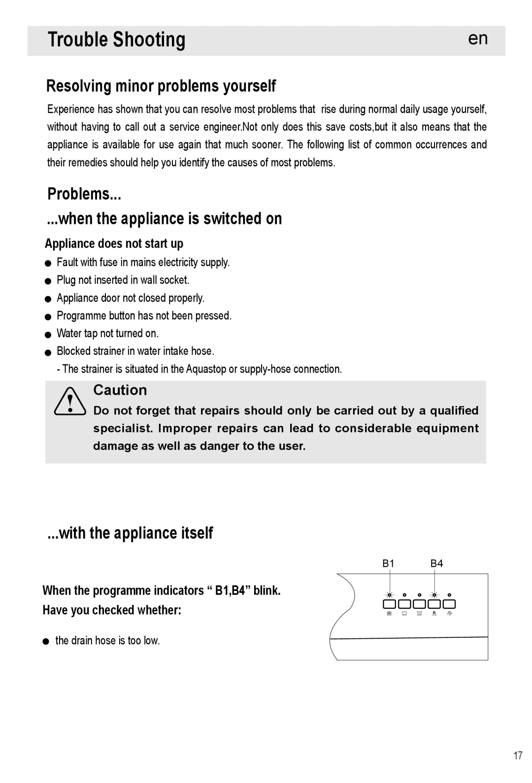 Haier HDW12-SFE1 Trouble Shooting, Resolving minor problems yourself, Problems When the appliance is switched on 