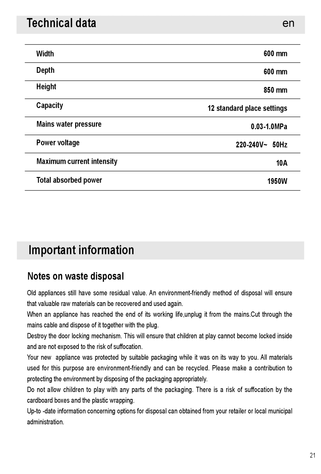 Haier HDW12-SFE1 operation manual Technical data, Important information, Width 600 mm Depth Height 850 mm Capacity 