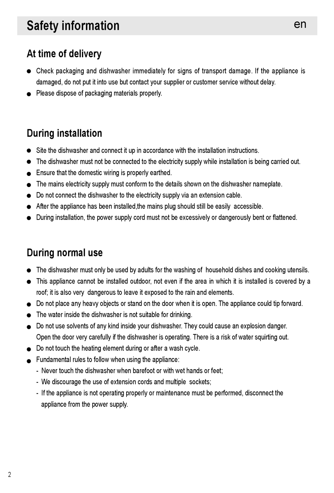 Haier HDW12-SFE1 operation manual Safety information, At time of delivery, During installation, During normal use 