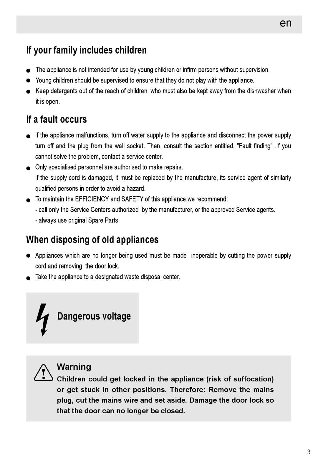 Haier HDW12-SFE1 operation manual If your family includes children, If a fault occurs, When disposing of old appliances 