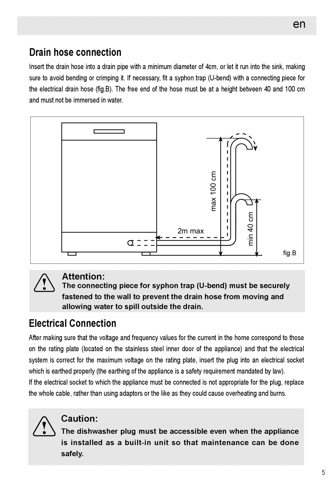 Haier HDW12-SFE1 operation manual Drain hose connection, Electrical Connection, 213 .+ 