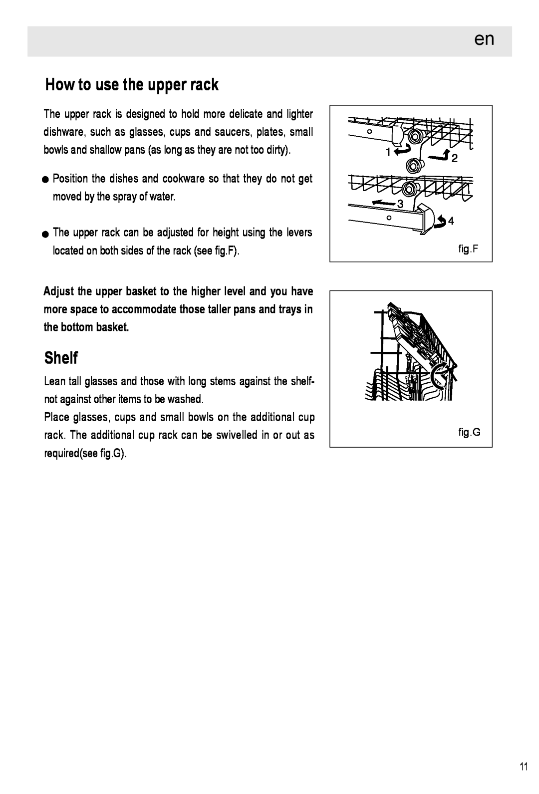 Haier HDW12-SFE1 operation manual How to use the upper rack, Shelf, fig.F, fig.G 