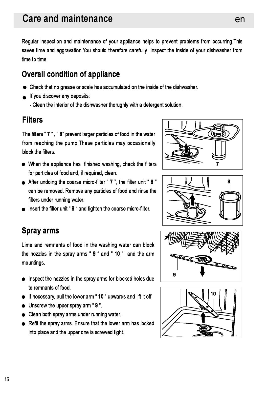 Haier HDW12-SFE1 operation manual Care and maintenance, Overall condition of appliance, Filters, Spray arms 