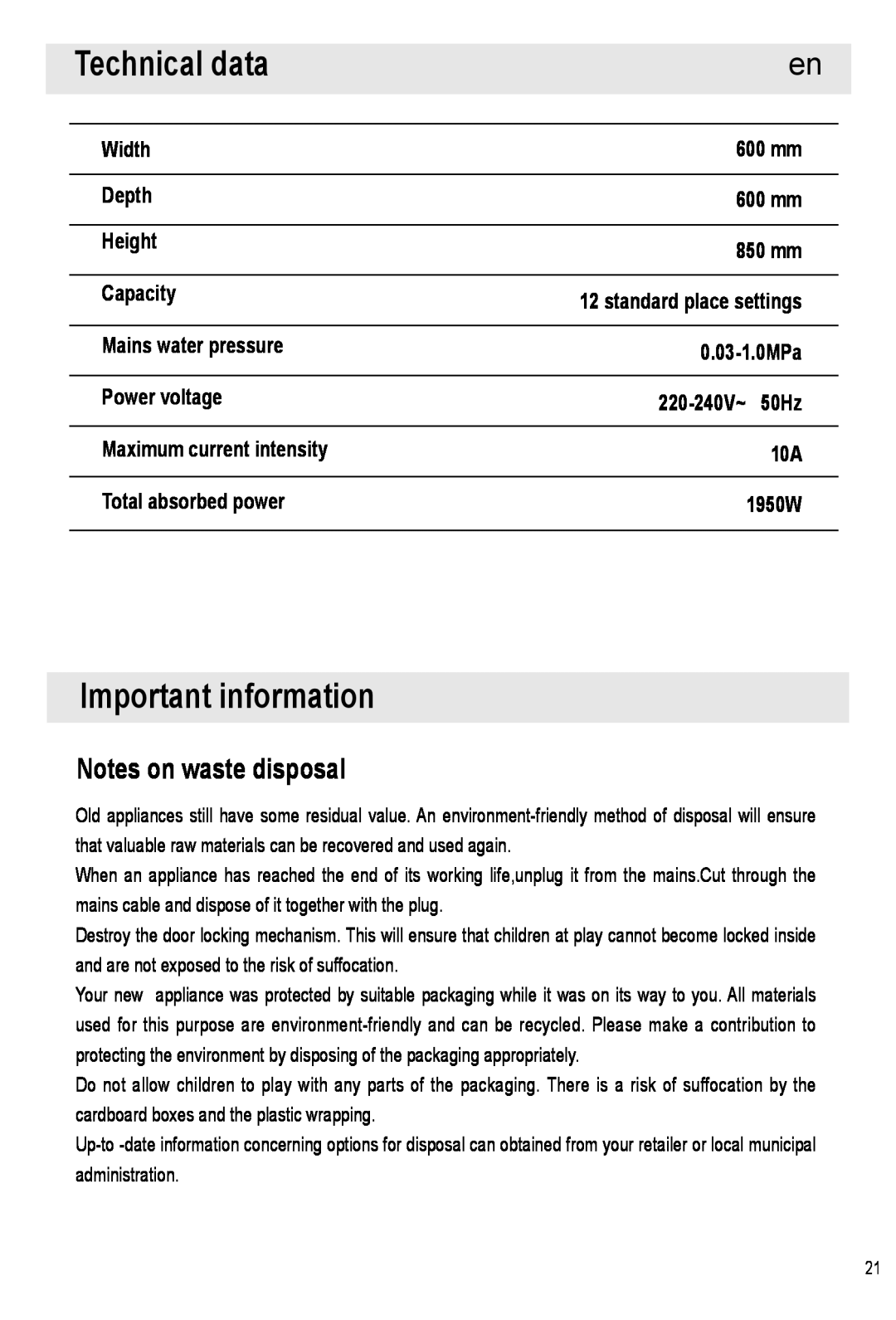Haier HDW12-SFE1 operation manual Technical data, Important information, Notes on waste disposal 