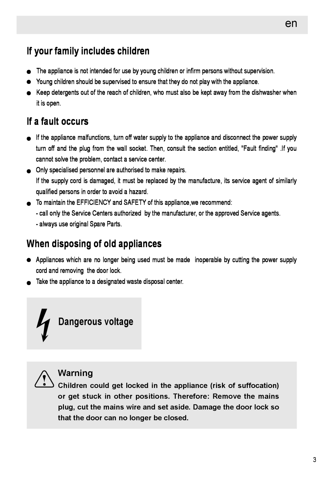 Haier HDW12-SFE1 If your family includes children, If a fault occurs, When disposing of old appliances, Dangerous voltage 