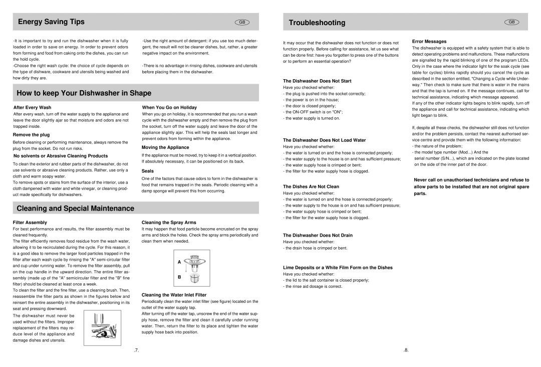 Haier HDW700BI Energy Saving Tips Troubleshooting, How to keep Your Dishwasher in Shape, Cleaning and Special Maintenance 