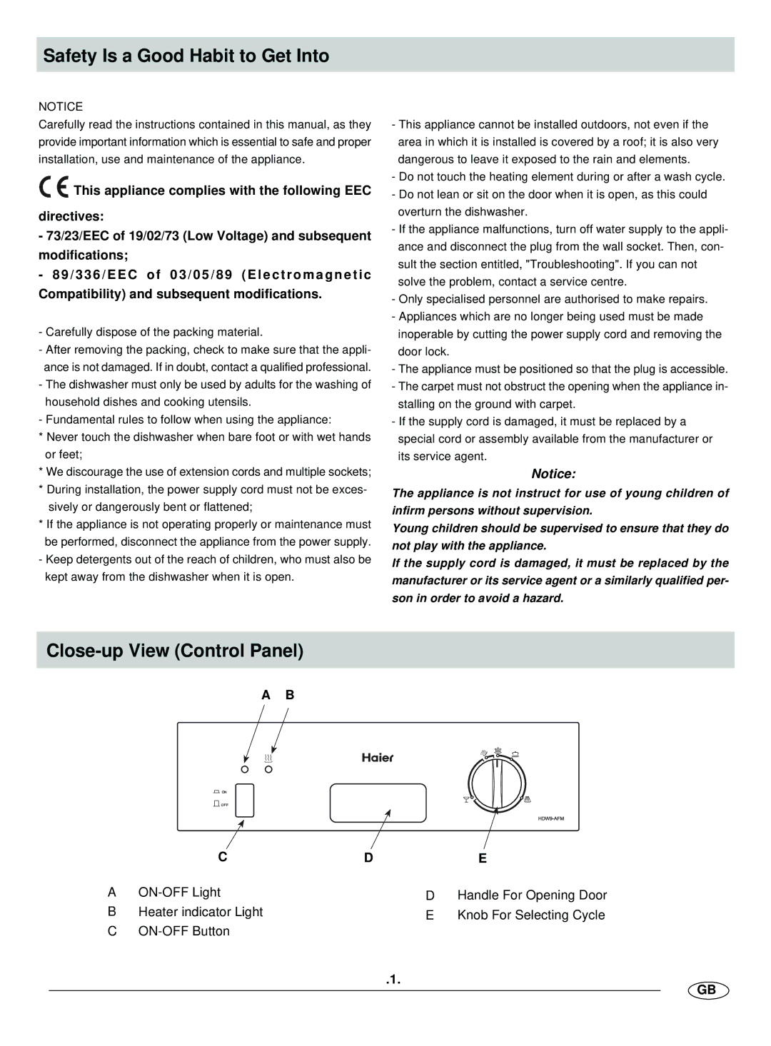 Haier HDW9-AFM manual Safety Is a Good Habit to Get Into, Close-up View Control Panel 