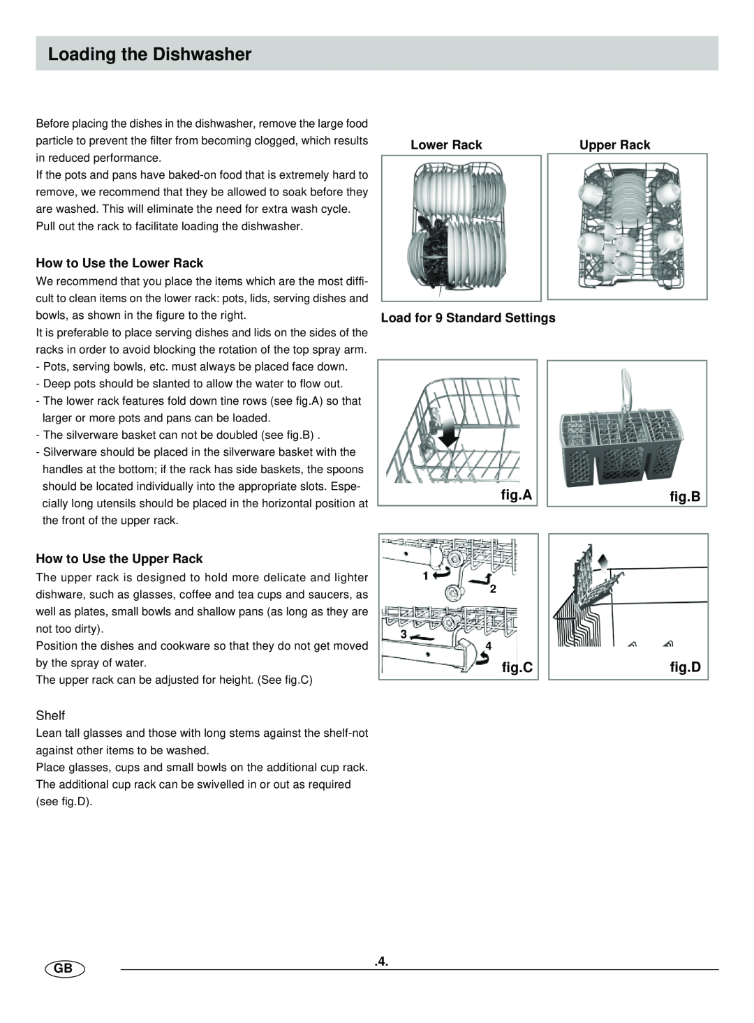 Haier HDW9-AFM manual Loading the Dishwasher, fig.A, fig.B, fig.C, fig.D, Upper Rack, How to Use the Lower Rack 