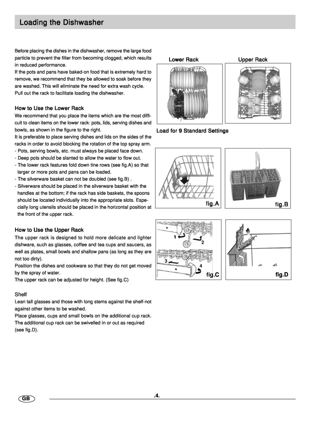 Haier HDW9WH, HDW9SS manual Loading the Dishwasher, fig.A, fig.B, fig.C, fig.D, Upper Rack, How to Use the Lower Rack 