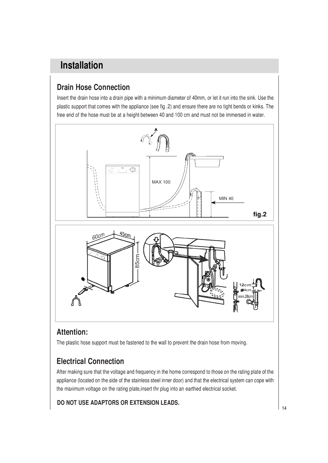 Haier HDW9SST, HDW9WHT manual Drain Hose Connection, Electrical Connection 