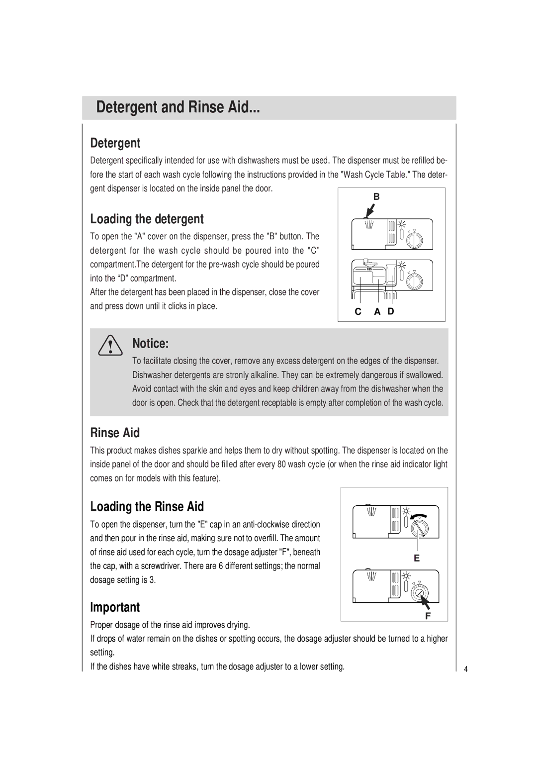 Haier HDW9SST, HDW9WHT manual Detergent and Rinse Aid, Loading the detergent, Loading the Rinse Aid 