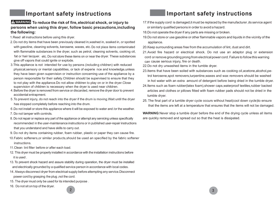 Haier HDY-C70 ME manual Important safety instructions 