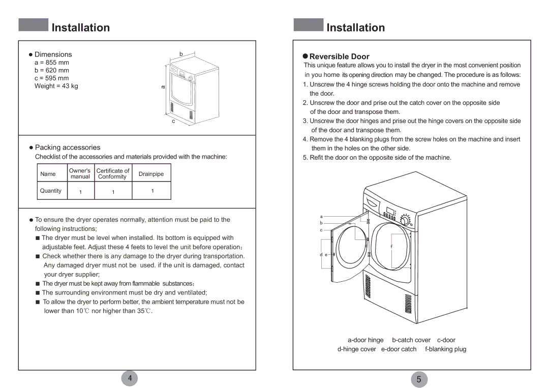 Haier HDY-C70 ME manual Installation, Packing accessories 