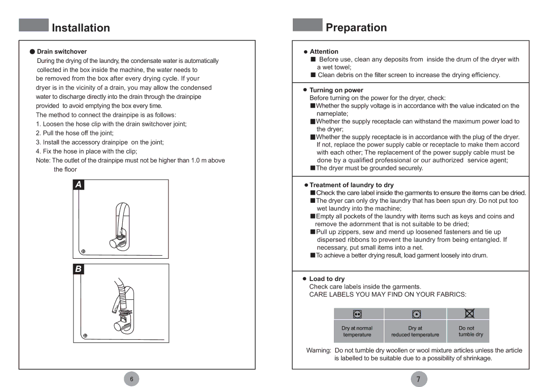 Haier HDY-C70 ME manual Preparation, Drain switchover 