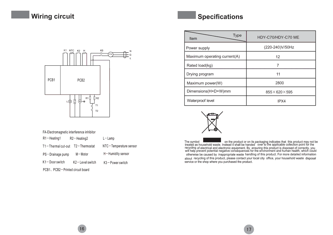 Haier HDY-C70 ME specifications Wiring circuit, Specifications 