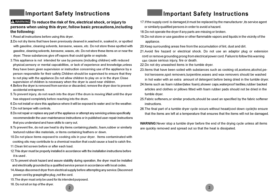 Haier HDY-D70-E specifications Important Safety Instructions 