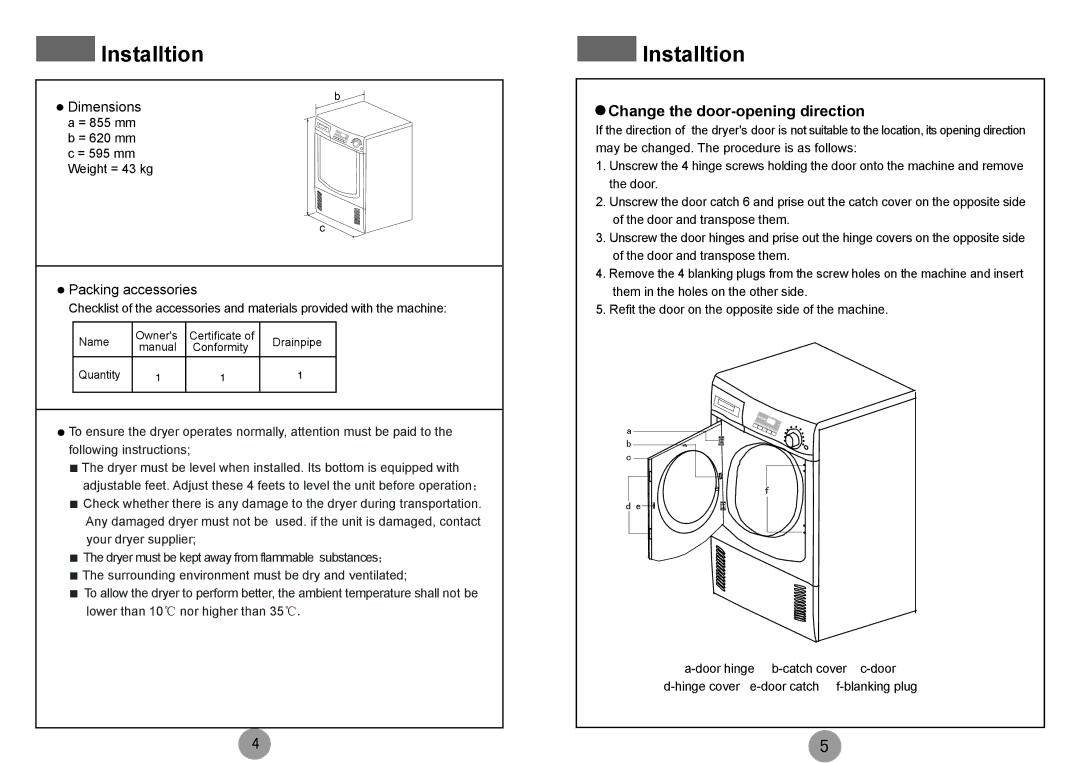 Haier HDY-D70-E specifications Installtion, Change the door-opening direction 