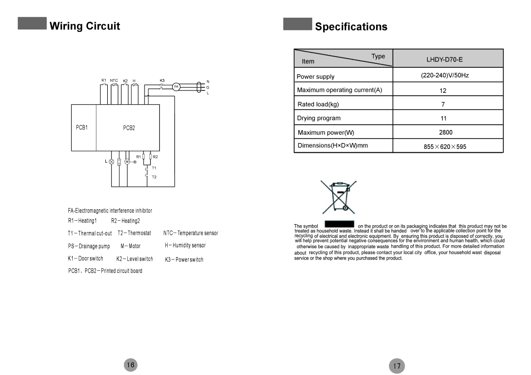 Haier HDY-D70-E specifications Wiring Circuit, Specifications 