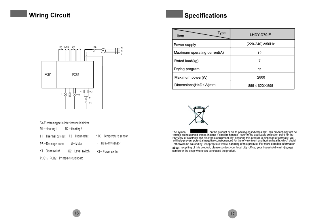 Haier HDY-D70-F specifications Wiring Circuit, Specifications 