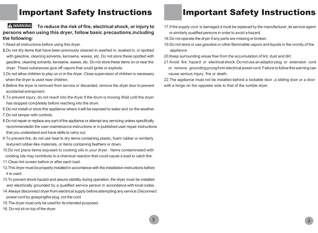 Haier HDY6-1 operation manual Important Safety Instructions 